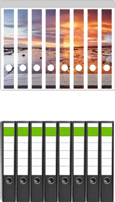 Produktbild von Wallario 8 Stück schmale Ordner inkl. Klebeetiketten mit Motive Wattwanderung am Meer bei Sonnenuntergang -  Set mit Rückenschildern / Ordnerrücken Stickern