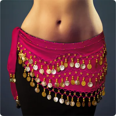 Produktbild von Belly Dance Bauchtanz Hüfttuch Kostüm 128 goldfarbenen Münzen Münzgürtel Fasching Karneval Tanzaufführung Gürtel in pink