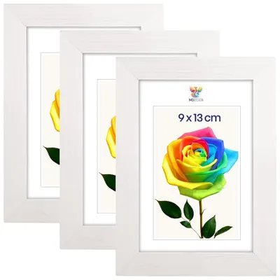 Produktbild von MG Design 3er Set Bilderrahmen 9 x 13 cm - Fotorahmen mit Weiß Echtholzrahmen und bruchsicherem Acrylglas, Hoch & Quer zum Aufhängen, zum Aufstellen