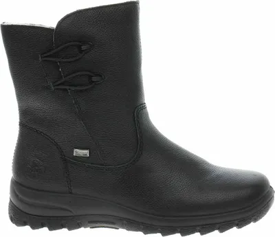 A black Rieker Chelsea boot for women is shown against a white background.