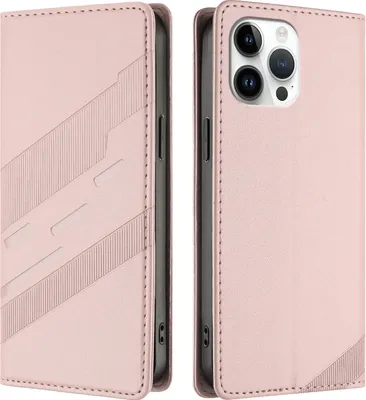Image de Etui pour iPhone 13 Pro Max, étui portefeuille en cuirPolyuréthaneavec fente pour cartes et fonction stand Rose