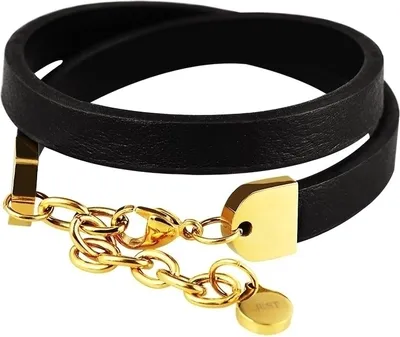 Produktbild von Just Wickelarmband aus Echtleder und Edelstahl in Schwarz mit IP Gold-Beschichtung