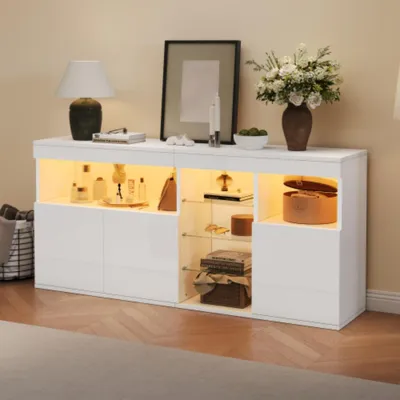 Obrázek produktu pro Vysoce lesklá skříňka s LED, příborníky se 3 dvířky, skříňka do jídelny, skříňka do obývacího pokoje, boční skříňka k pohovce, 155,5*35*72 cm