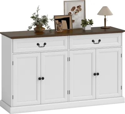 Image de HOMCOM Buffet salon avec 4 portes, meuble de rangement plateau épais, 2 tiroirs silencieux et étagères ajustables, style rustique, buffet salle à manger et cuisine, 140 x 40 x 85 cm, blanc et marron
