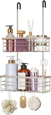 Produktbild von Duschregal zum Hängen, 2 Ebenen, Edelstahl, ohne Bohren, mit Haken, für die Dusche