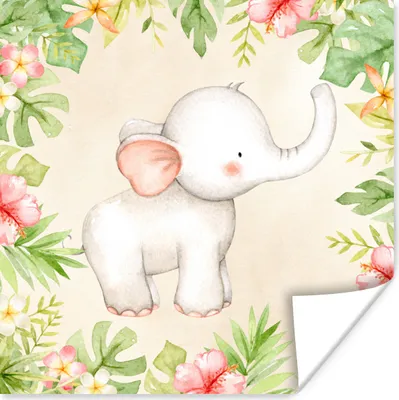 Produktbild von MuchoWow® Poster Dschungel - Blumen - Elefant 100x100 cm - Babyzimmer