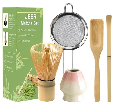 Produktbild von Matcha Besen Set 5-teilig, Bambus Schneebesen 100 Borsten, Keramik Halter, Sieb, Löffel, Farbverlauf Rosa