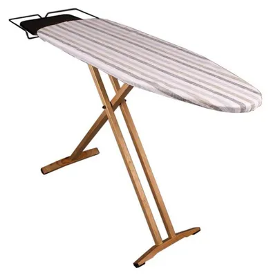 An ironing board with a striped cover and wooden legs, set against a white background.