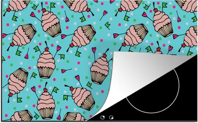 Produktbild von KitchenYeah© Herdabdeckplatte Cupcake - Punkte - Party - Muster , 91x52cm, Küche Deko, Glaskeramikkochfeld Herdabdeckung, Abdeckplatte fùr Kochfeld