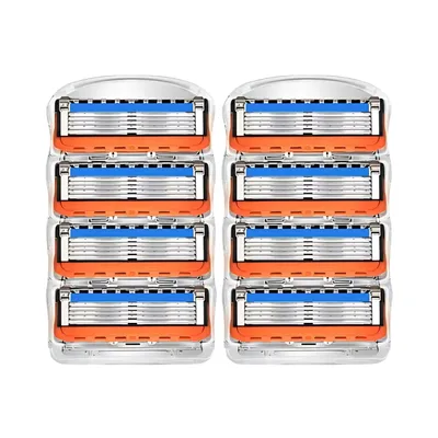 Two stacks of razor blade cartridges arranged side-by-side on a white background.