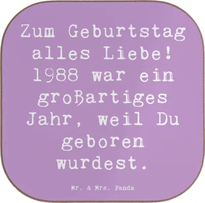 Produktbild von Mr. & Mrs. Panda Tischuntersetzer Spruch 1988 Geburtstag - Lavendeltraum - Geschenk, Zum alles Liebe, Geburtstagsgruß, Happy Birthday, Untersetzer Gläser, Alter, für