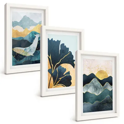 Produktbild von Bilder Set 3-teilig im weißen Rahmen – Wandbilder 3 Stück – gerahmte Poster für Wohnzimmer, Schlafzimmer und Flur – 20x30 cm – Abstrakte Bergansichten