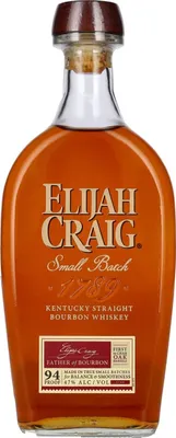A bottle of Elijah Craig Small Batch Kentucky Straight Bourbon Whiskey.