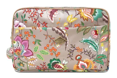 A close-up studio shot of a floral cosmetic bag.