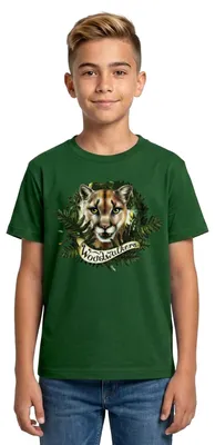 Produktbild von Spreadshirt Woodwalkers Carag In Tiergestalt & Schriftzug Teenager T-Shirt, 134/146 (9-11 Jahre), Forstgrün