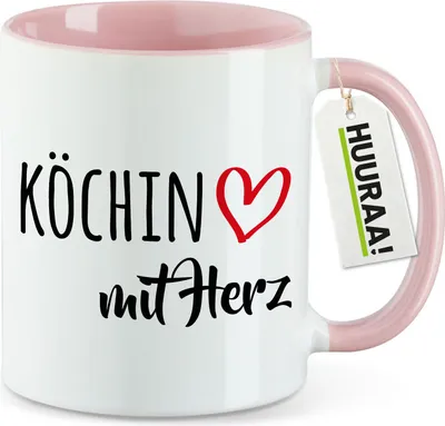 Produktbild von Huuraa Kaffeetasse Köchin mit Herz 330ml Rosa Keramik Kaffeebecher Geschenkidee