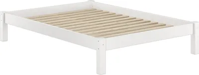 A white bed frame with a wooden slatted base.