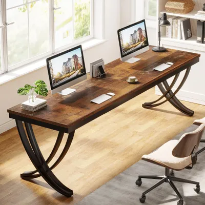 Produktbild von Schreibtisch für 2 Personen - Doppel-Computertisch - 200 cm extra lang - Rechteckige Holzplatte mit Metallgestell - Für Homeoffice und Büro - Braun 02