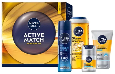 Produktbild von NIVEA MEN Active Match Geschenkset 4-teilig Duschgel Deo Gesichtspflege Pflege