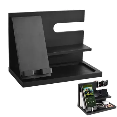 Produktbild von Holz Handy Ladestation mit Organizer – Nachttisch Ablage für Schlüssel & Uhr