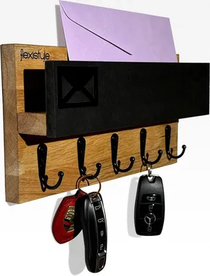 Produktbild von Schlüsselkasten Holz, Schlüsselablage Wand Eiche Schwarz, Schlüsselboard aus Buche, Schlüsselbrett Holz mit Ablage,Schlüsselhalter mit Edelstahlhaken,Schlüsselhaken Key Holder Modern (Eiche/Schwarz)