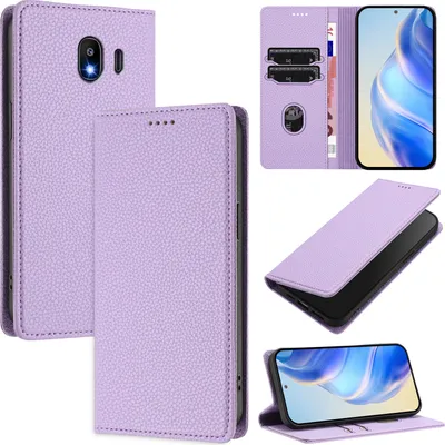 Produktbild von Litchi Leder Handyhülle für Samsung Galaxy J4 2018 Wallet Kartenfächer Standfunktion Hülle Violett