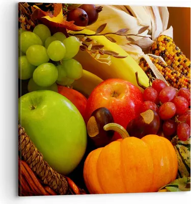Produktbild von Bild auf Leinwand - Leinwandbild - Weidenkorb Obst Gemüse - 70x70cm - Wand Bild - Wanddeko - Leinwanddruck - Bilder - Kunstdruck - Wanddekoration - Leinwand bilder - Wandkunst - AC70x70-0406
