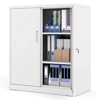 Zdjęcie produktu dla Szafka biurowa COSTWAY, zamykana na klucz, metalowa, dwudrzwiowa, o wysokości 91 cm, z 2 regulowanymi półkami, wielofunkcyjna szafka stalowa, szafka warsztatowa