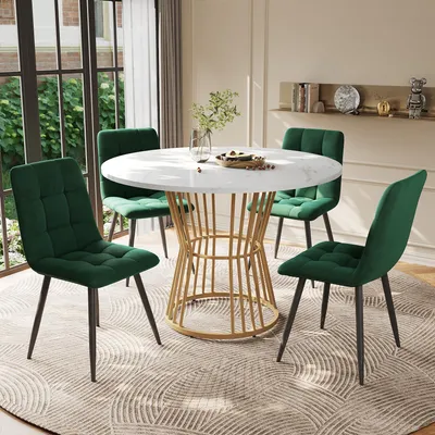 Image de Sweiko Ensemble de table de salle à manger (5 pièces), ensemble de table de salle à manger avec 4 chaises, ensemble de table de cuisine, table de salle à manger ronde de 100 cm de diamètre avec pieds en métal doré, plateau de table en MDF blanc, chaises de salle à manger en velours vert