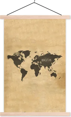 Produktbild von MuchoWow® Textilposter Weltkarte - Vintage - Papyrus - Zauberspruch 120x180 cm mit holzfarbenen Rahmen - Textil-Plakat