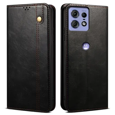 A black leather flip case for a smartphone is shown from two angles: closed and open, revealing the phone's rear camera and logo.