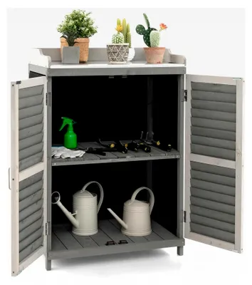 Produktbild von Gartenschrank aus Holz mit Metalltischplatte und 2 Ablagen, Geräteschrank mit Belüftungstür, für Garten und Hinterhof, 67 x 47 x 100 cm