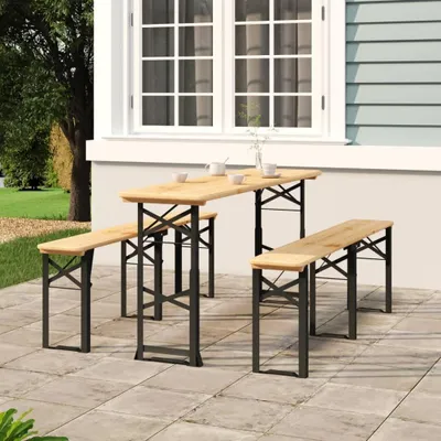 Produktbild von Höhenverstellbarer Klapp-Biertisch aus massivem Tannenholz mit Metallgestell, 170x50x75/105 cm, für Terrasse, Balkon und Gartenfeiern, wetterfest und stabil