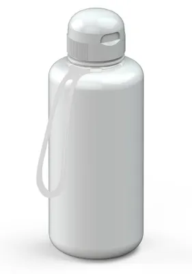 Produktbild von Tritan Trinkflasche 1,0 Liter, weiß/transparent, auslaufsicher, geschmacksneutral, große Öffnung, Silikon-Strap