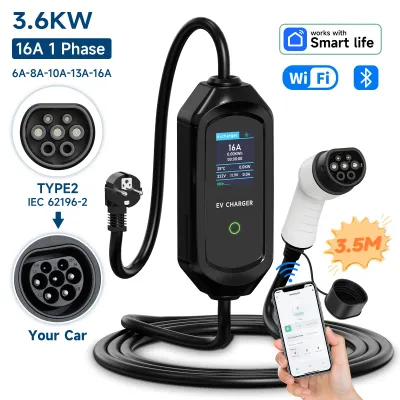 Immagine prodotto di Caricabatterie per auto elettriche, tipo 2 (IEC 62196-2), con controllo tramite app, potenza di 3,6 kW, corrente di carica regolabile da 6 a 16 A, cavo da 3,5 m, grado di protezione IP65