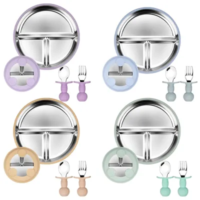 Produktbild von Set mit 4 Babytellern aus Edelstahl mit Silikon-Saugnapf