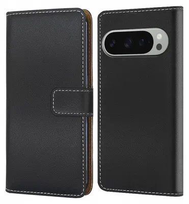A black flip-style phone case for a Google Pixel 9a is shown from the front and back.