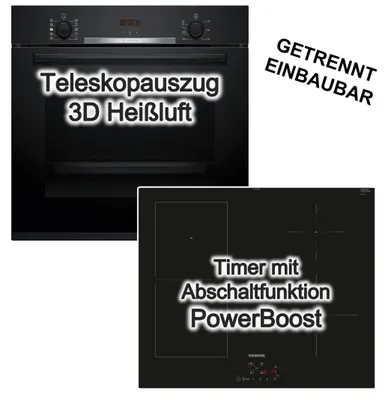 Produktbild von BOSCH Backofen Einbau Dampf Schwarz Hydrolyse Teleskopauszug mit SIEMENS Induktionskochfeld 60 cm PowerBoost
