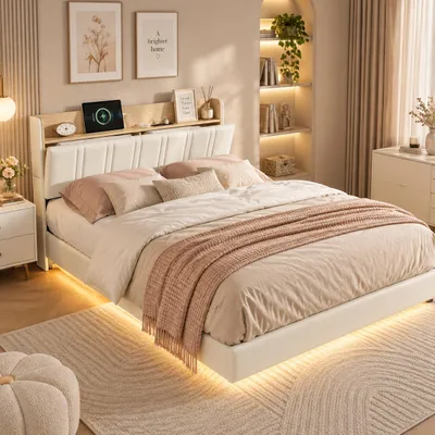 Zdjęcie produktu dla Łóżko tapicerowane INONEFT, 160x200 cm, z podświetleniem LED, łóżko młodzieżowe z pojemnikiem na pościel w zagłówku i funkcją ładowania USB, rama łóżka zawieszona, stelaż łóżka, kolor biały, Obraz wygenerowany przez AI