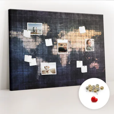 Obrázek produktu pro Korková nástěnka s kolíčky - Tabule s kolíky pro fotografie a poznámky - 140x100 cm - Připínáčky kovové 100 kusů - Abstraktní mapa světa