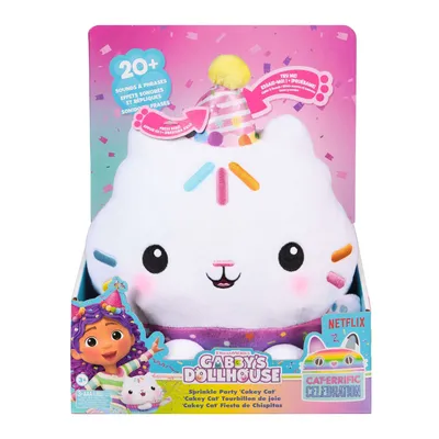A plush toy of Cakey Cat from Gabby's Dollhouse, presented in its retail packaging.
