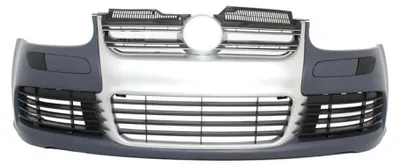 Immagine prodotto di Paraurti per VW Golf V 5 dal 2003 al 2007, modello Jetta Mk5, aspetto R32, con griglia in alluminio spazzolato.