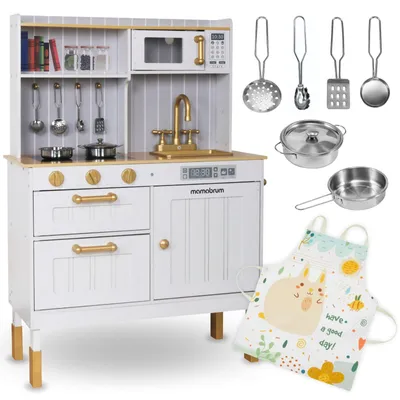 Immagine prodotto di Cucina giocattolo in legno bianca per bambini, set completo con microonde, forno, lavello, pentole, padelle, grembiule e accessori. Adatta a bambini dai 3 anni in su. 15 pezzi. Colore: bianco