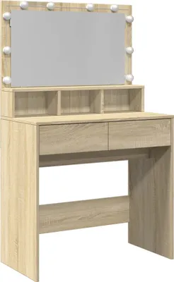 A vanity table with a mirror and LED lights.