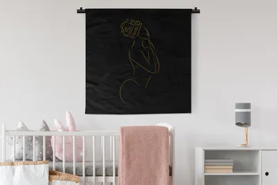 Produktbild von MuchoWow® Wandteppich Wandbehang Frau - Hut - Schwarz und Gold 90x90 cm Tapisserie Dekoration Wandtuch - Wandaufhänger