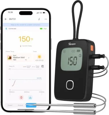 Produktbild von SONOFF BMT01 Fleischthermometer, Bratenthermometer Digital Mit 2 Sonden, Timer und Voreingestelltem Alarm, Smart LCD Thermometer Kochen Grill,