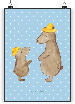 Produktbild von Mr. & Mrs. Panda Bild Bären mit Hut DIN A3 - Blau Pastell - Geschenk, Muttertag, Kinder, drucke, Wandbild, Wanddeko, Papa, Plakat, Family, Vatertag