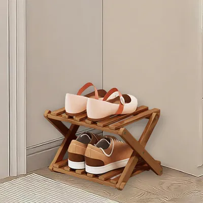 Immagine prodotto di Scaffale pieghevole per scarpe, 2 ripiani, legno marrone, salvaspazio, senza montaggio