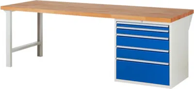 Produktbild von Werkbank mit 5 XL Schubladen - Teilauszug - 60:1 / 90:1 / 150:2 / 270:1 - 840 x 2.500 x 900 mm (HxBxT) - Traglast 1.000 kg - Buche