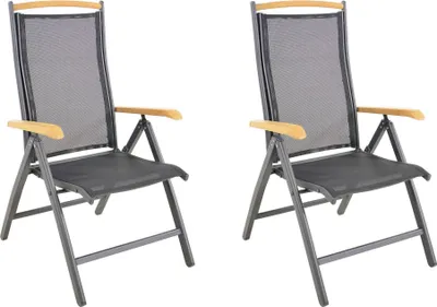 Two identical black folding chairs with wooden armrests are shown against a white background.